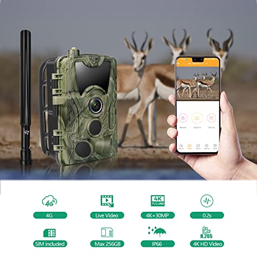 4G/LTE Caméra de Chasse 30MP 4K Vidéo, Lithium 5000mAh, Camera de Chasse Vision Nocturne avec App Gratuite Carte SIM, Vidéo en Temps Réel, Vitesse de Déclenchement 0,2s,Détecteur de mouvement 120° – Image 3
