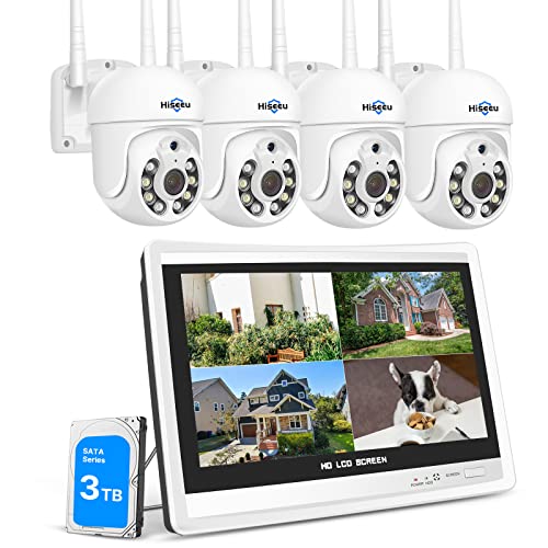 【PTZ+3TB HDD】 Hiseeu 5MP PTZ Kit Caméra de Surveillance WiFi avec 12″ Moniteur 10CH 3To HDD NVR 4 PTZ Caméras Kit Vidéo Surveillance WiFi,Vision Nocturne Couleur,Détection de Mouvement,Audio 2 Voies