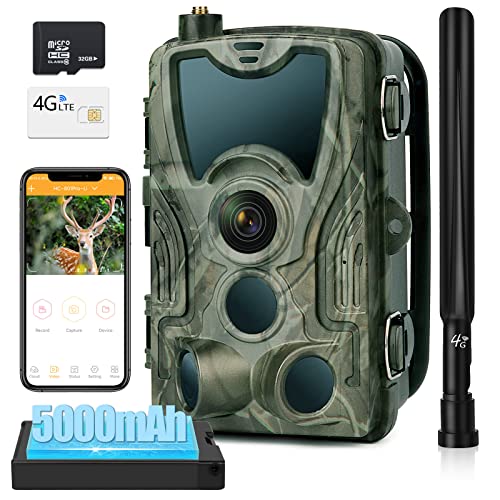 4G/LTE Caméra de Chasse 30MP 4K Vidéo, Lithium 5000mAh, Camera de Chasse Vision Nocturne avec App Gratuite Carte SIM, Vidéo en Temps Réel, Vitesse de Déclenchement 0,2s,Détecteur de mouvement 120°