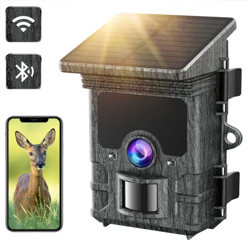 Camera de Chasse Solaire 4K 30FPS 46MP, Camera Chasse WiFi Bluetooth Batterie Rechargeable Intégrée, Caméra de Chasse Nocturne Infrarouge Étanche IP66 Grand Angle 120° Vitesse de Dclenchement 0,2s