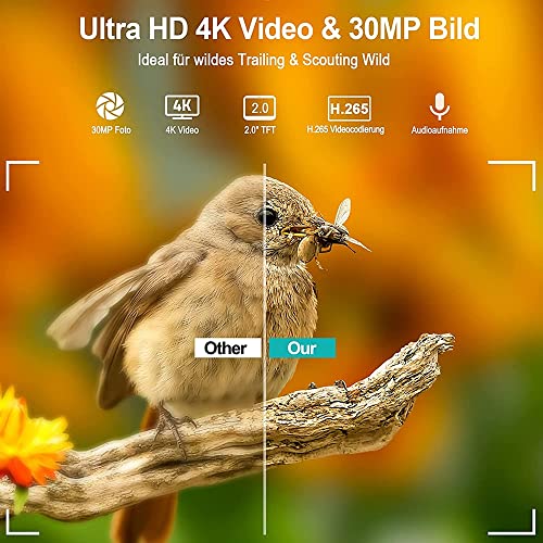 4K 30MP Caméra De Piste avec Ultra Rapide 0,2S Motion Activé, Détection d’angle De 120° Large, WiFi+Bluetooth+App Contrôle, Max 256 Go SD Carte, IP65 Étanche – Image 2